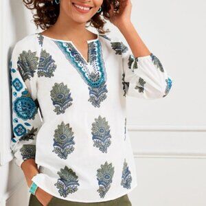Talbots Women's  Botanical Foulard Embroidered Popover Top - LP